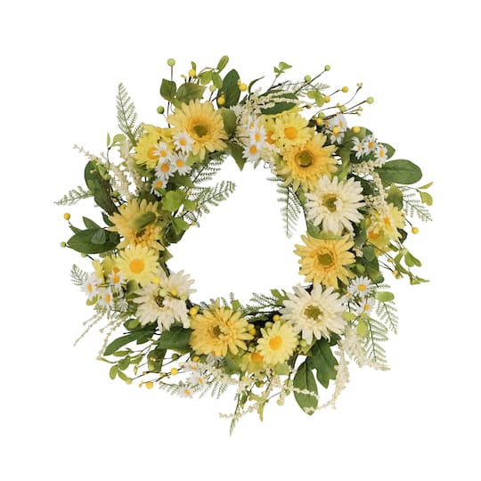 24&#x22; White &#x26; Yellow Mum &#x26; Daisy Floral Spring Wreath